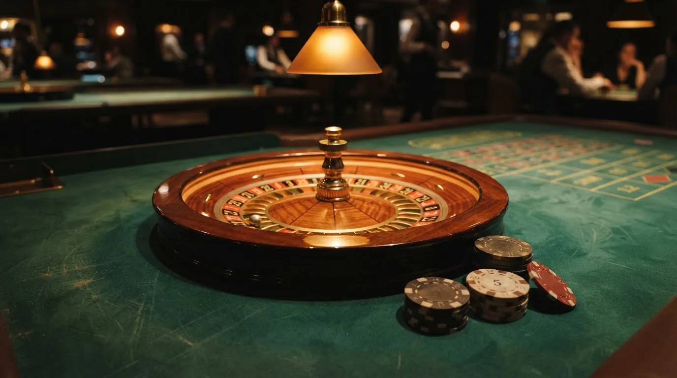 Roulettehjul och spelmarker på grön filt i varmt kvällsljus — 10 euro casino i sverige