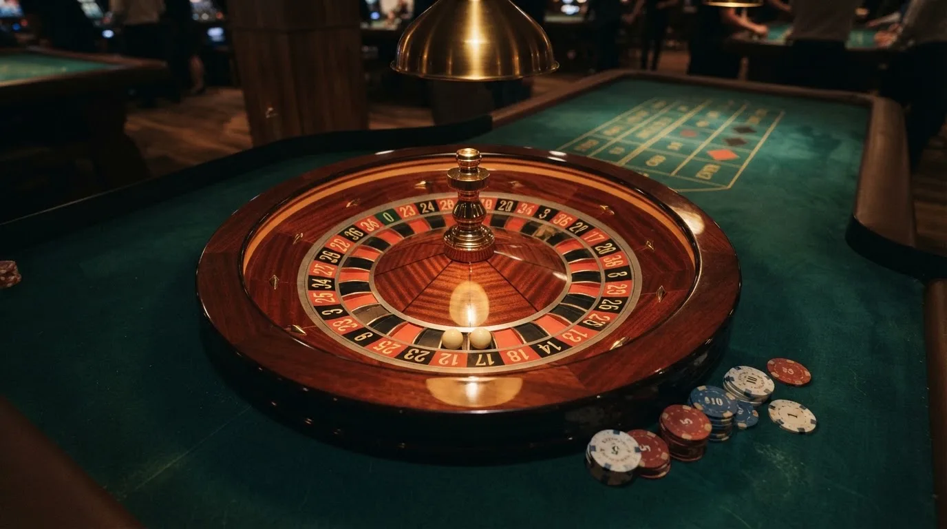 Roulettehjul och spelmarker på grön filt i varmt kvällsljus — 10 free spins casino i sverige