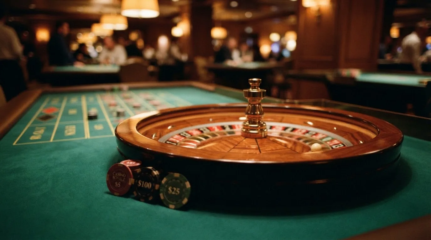 Roulettehjul och spelmarker på grön filt i varmt kvällsljus — 10 kr casino i sverige