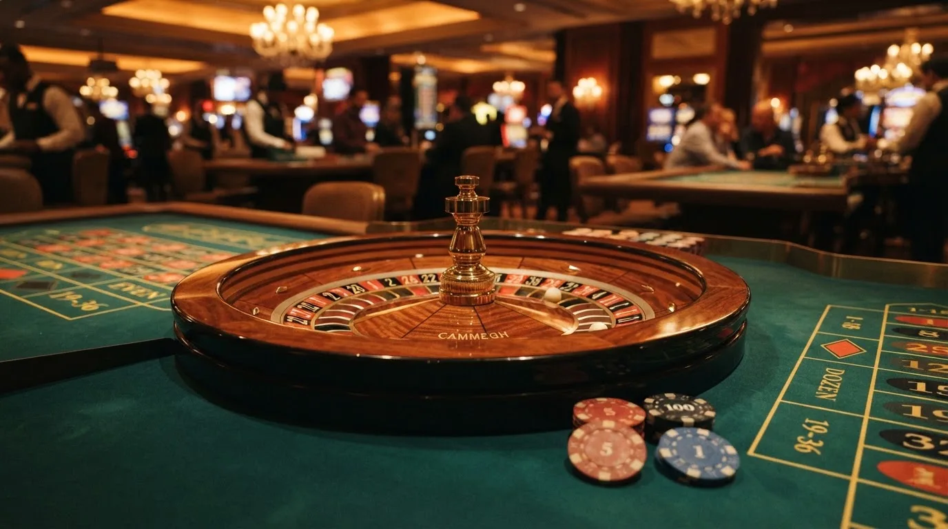 Roulettehjul och spelmarker på grön filt i varmt kvällsljus — 100 euro casino i sverige