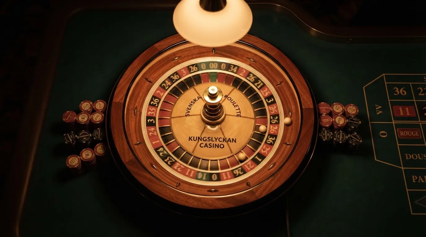 Roulettehjul och spelmarker på grön filt i varmt kvällsljus — 100 free spins casino i sverige