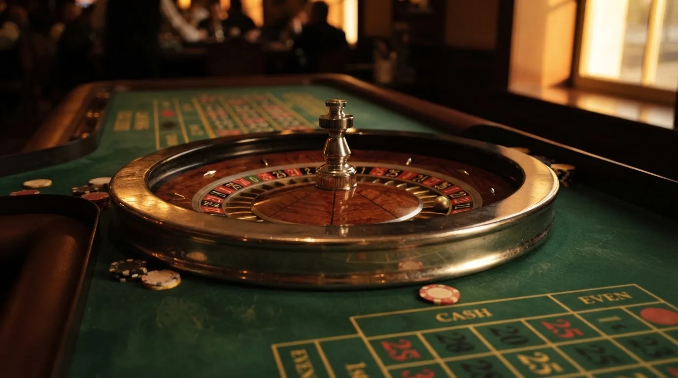 Roulettehjul och spelmarker på grön filt i varmt kvällsljus — 150 free spins casino i sverige