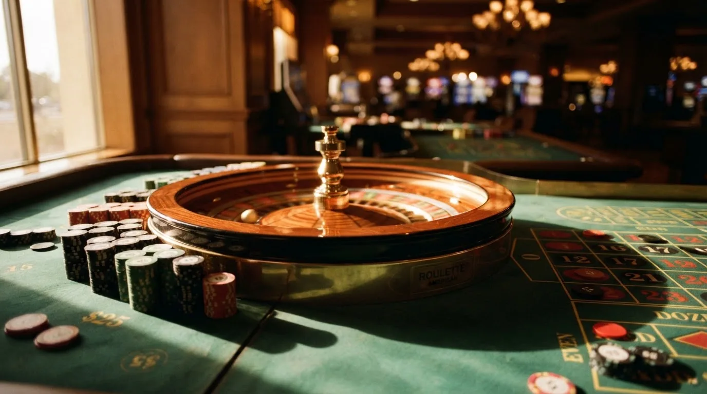 Roulettehjul och spelmarker på grön filt i varmt kvällsljus — bästa blackjack i sverige