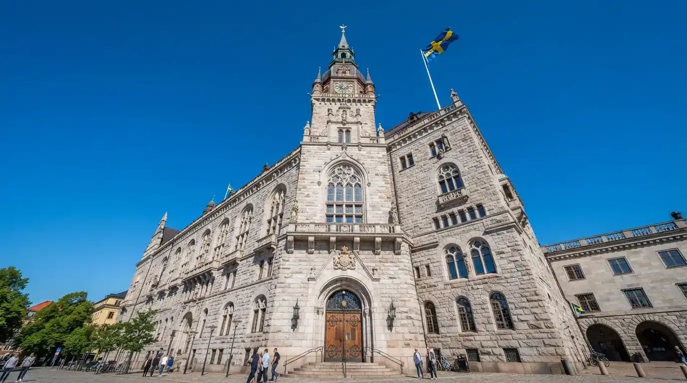Ett gammalt stadshus i sten fotograferat underifrån mot en klarblå himmel, med den svenska flaggan som fladdrar ovanför entrén.