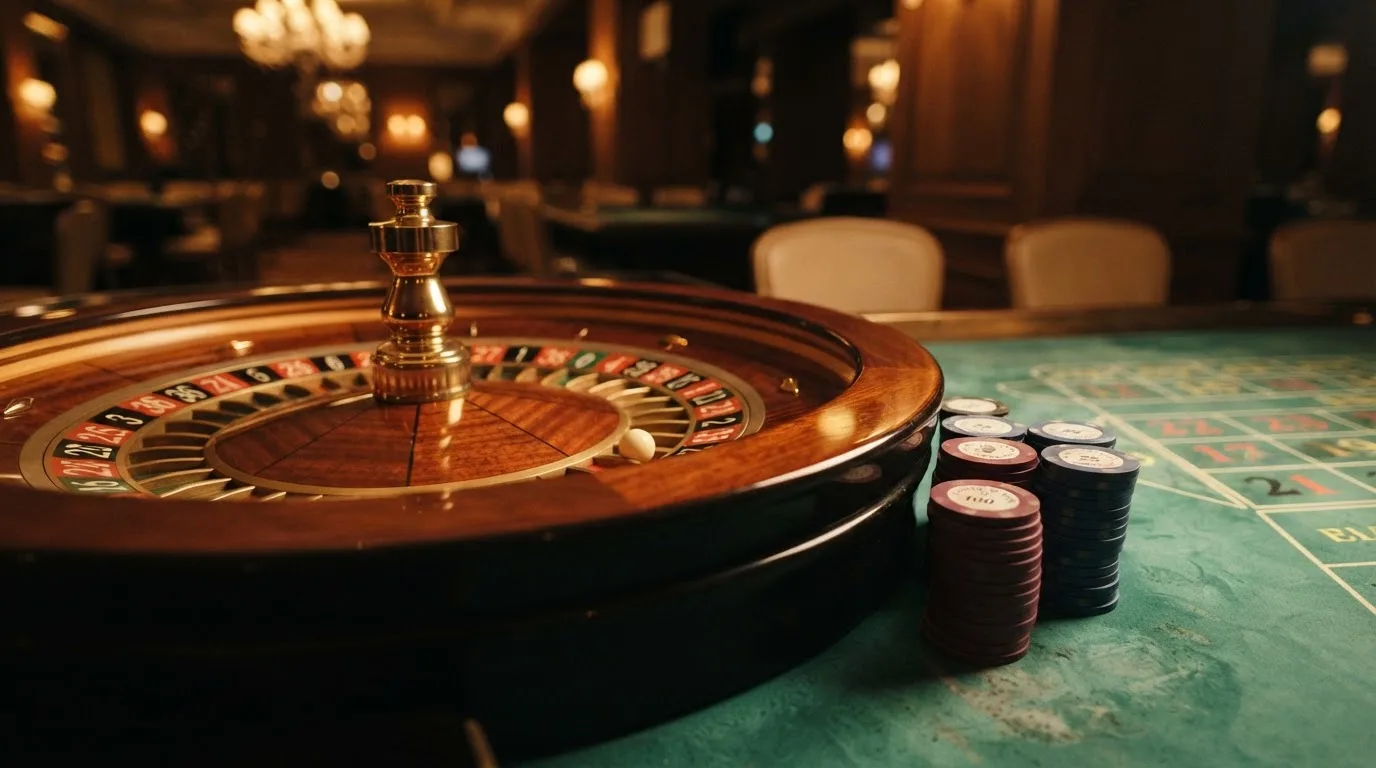 Roulettehjul och spelmarker på grön filt i varmt kvällsljus — blackjack gratis i sverige