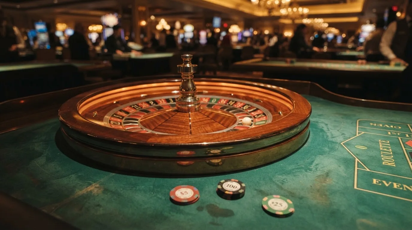 Roulettehjul och spelmarker på grön filt i varmt kvällsljus — blackjack med live dealer i sverige
