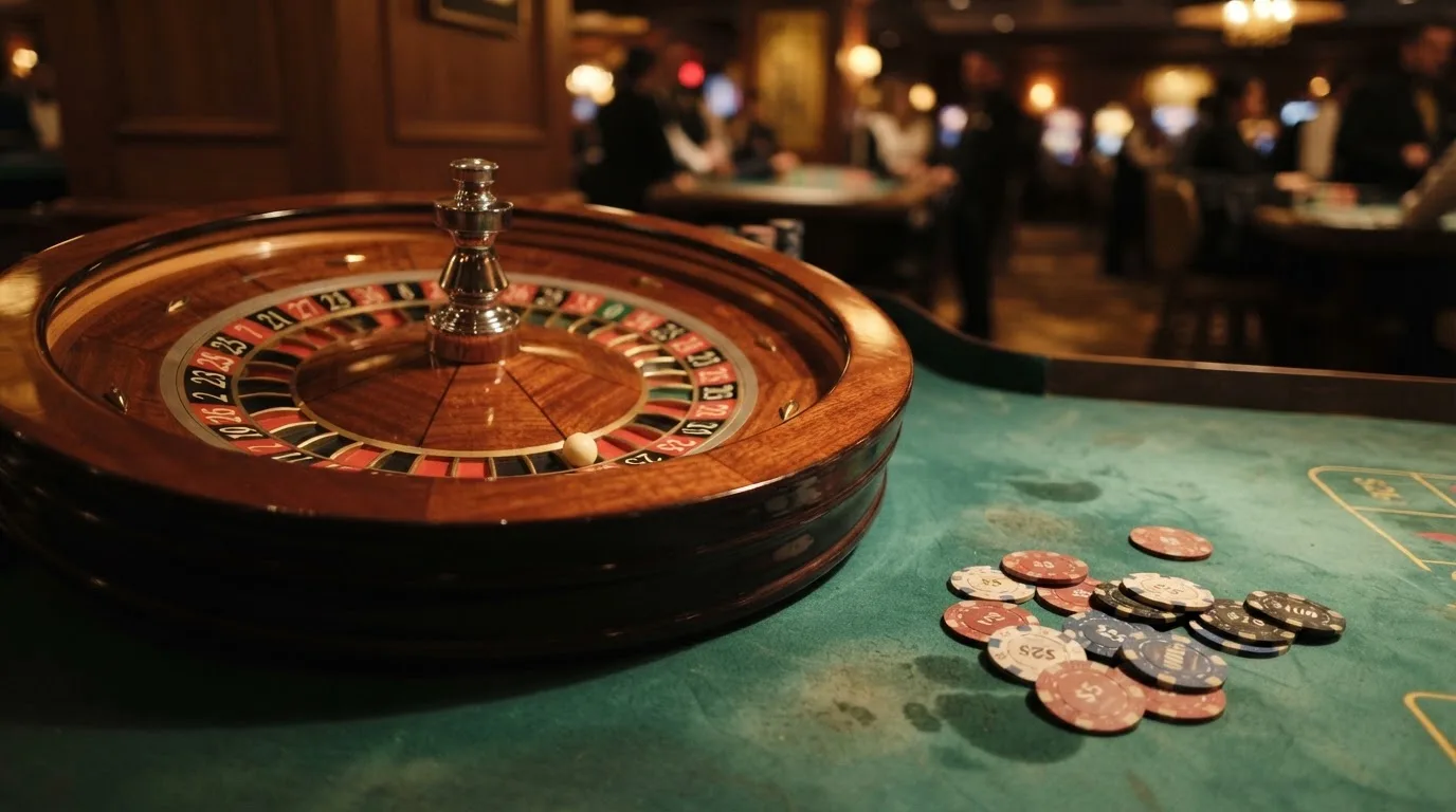 Roulettehjul och spelmarker på grön filt i varmt kvällsljus — blackjack på nätet i sverige