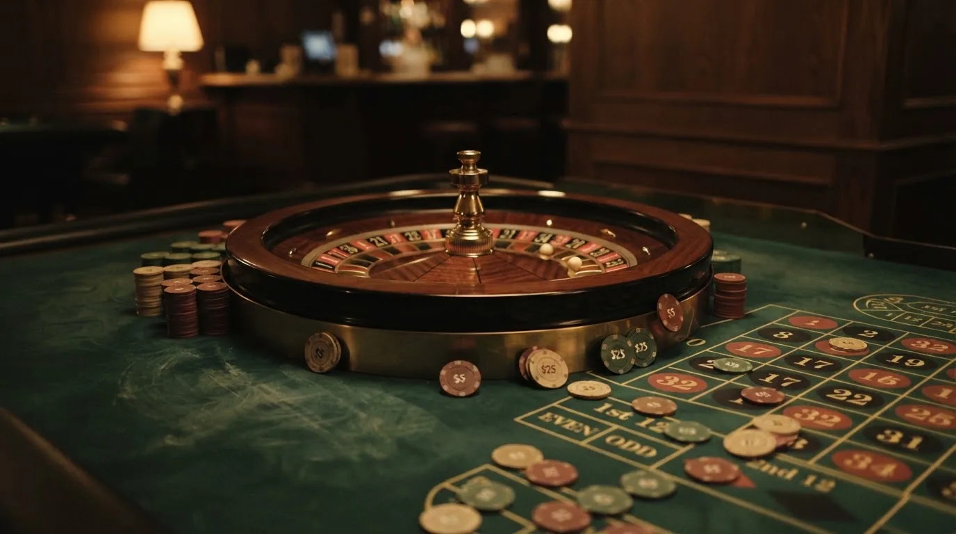 Roulettehjul och spelmarker på grön filt i varmt kvällsljus — bra svenska casinon