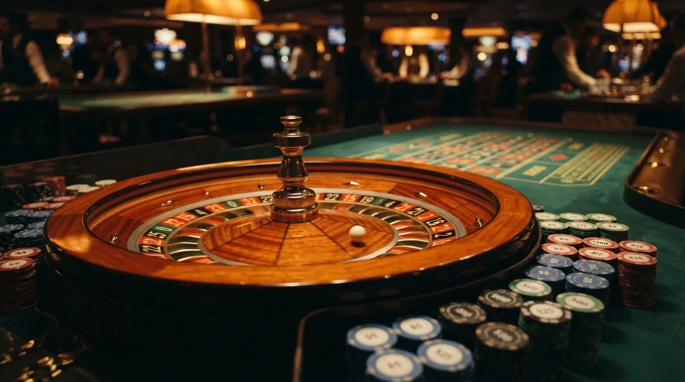 Roulettehjul och spelmarker på grön filt i varmt kvällsljus — casino regler för svenskar