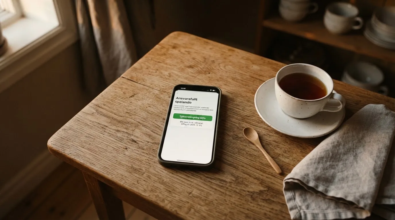 Hand håller en mobiltelefon bredvid en kopp te vid ett köksbord en lugn kväll — casino regler för svenskar