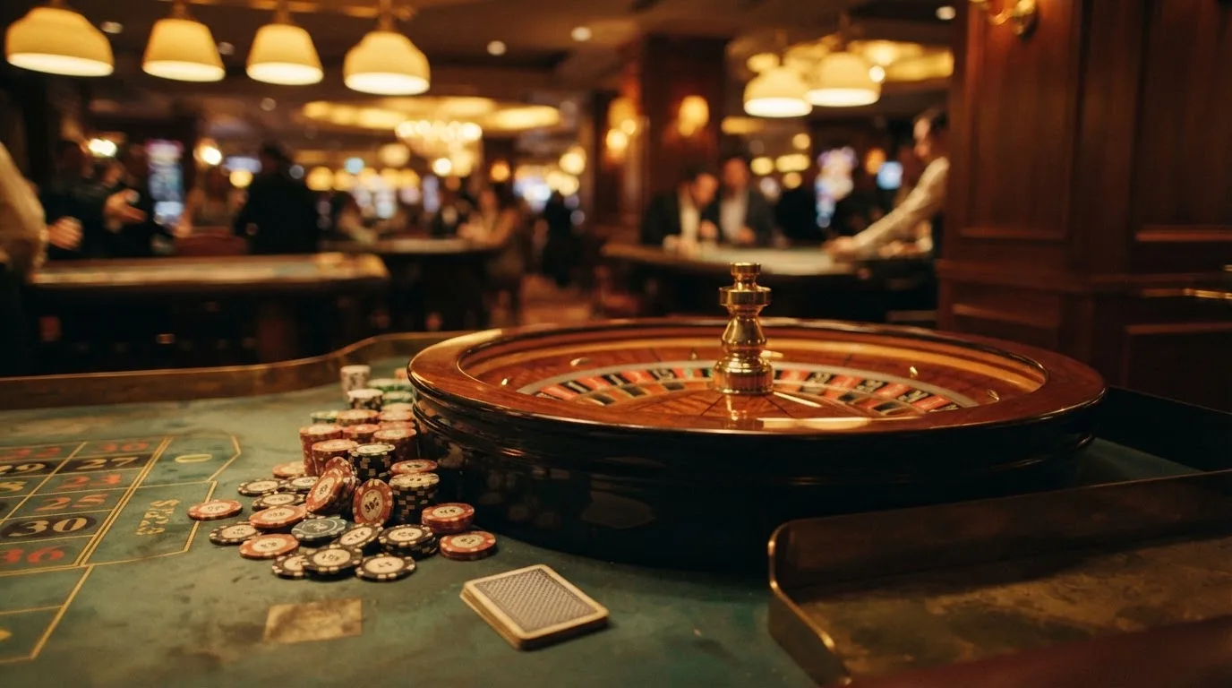 Roulettehjul och spelmarker på grön filt i varmt kvällsljus — casinon med bankid i sverige