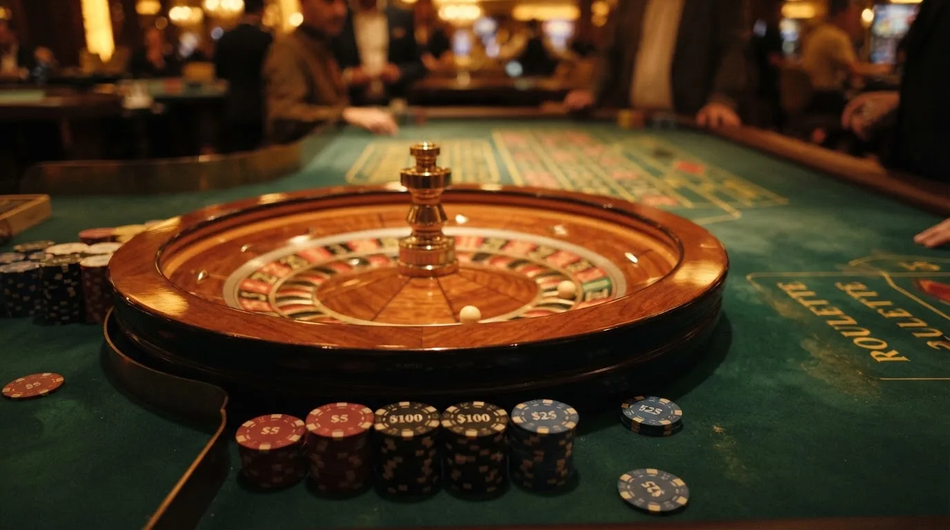 Roulettehjul och spelmarker på grön filt i varmt kvällsljus — casinon med curaçao licens