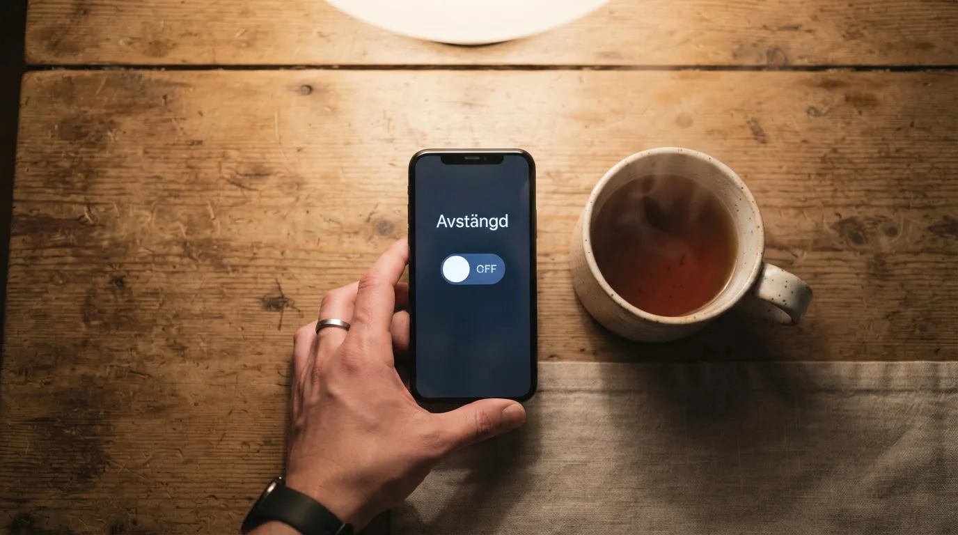 Hand håller en mobiltelefon bredvid en kopp te vid ett köksbord en lugn kväll — casinon med curaçao licens