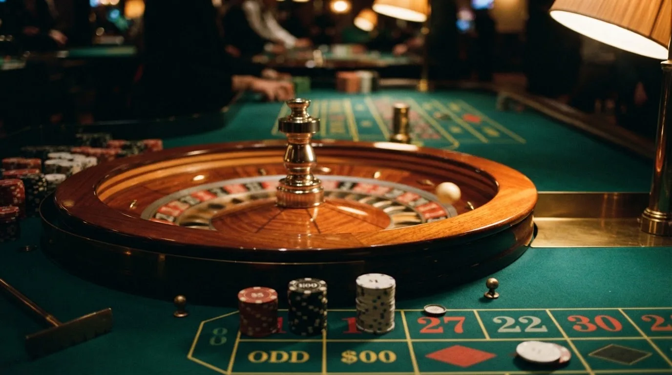Roulettehjul och spelmarker på grön filt i varmt kvällsljus — casinon med jackpot i sverige