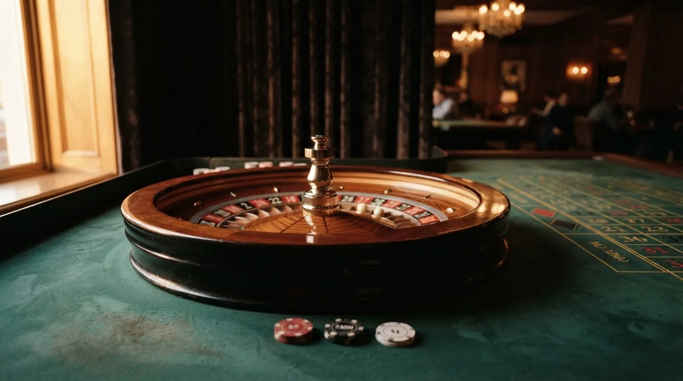 Roulettehjul och spelmarker på grön filt i varmt kvällsljus — casinon med slots i sverige