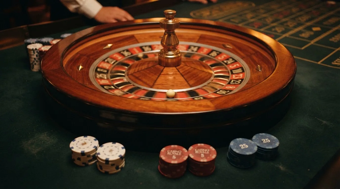 Roulettehjul och spelmarker på grön filt i varmt kvällsljus — casinon med uttag i sverige