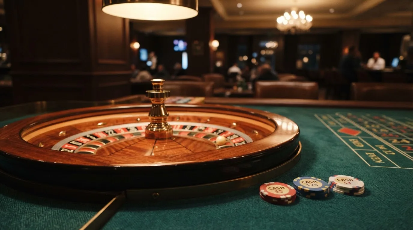 Roulettehjul och spelmarker på grön filt i varmt kvällsljus — casinon utan bankid i sverige