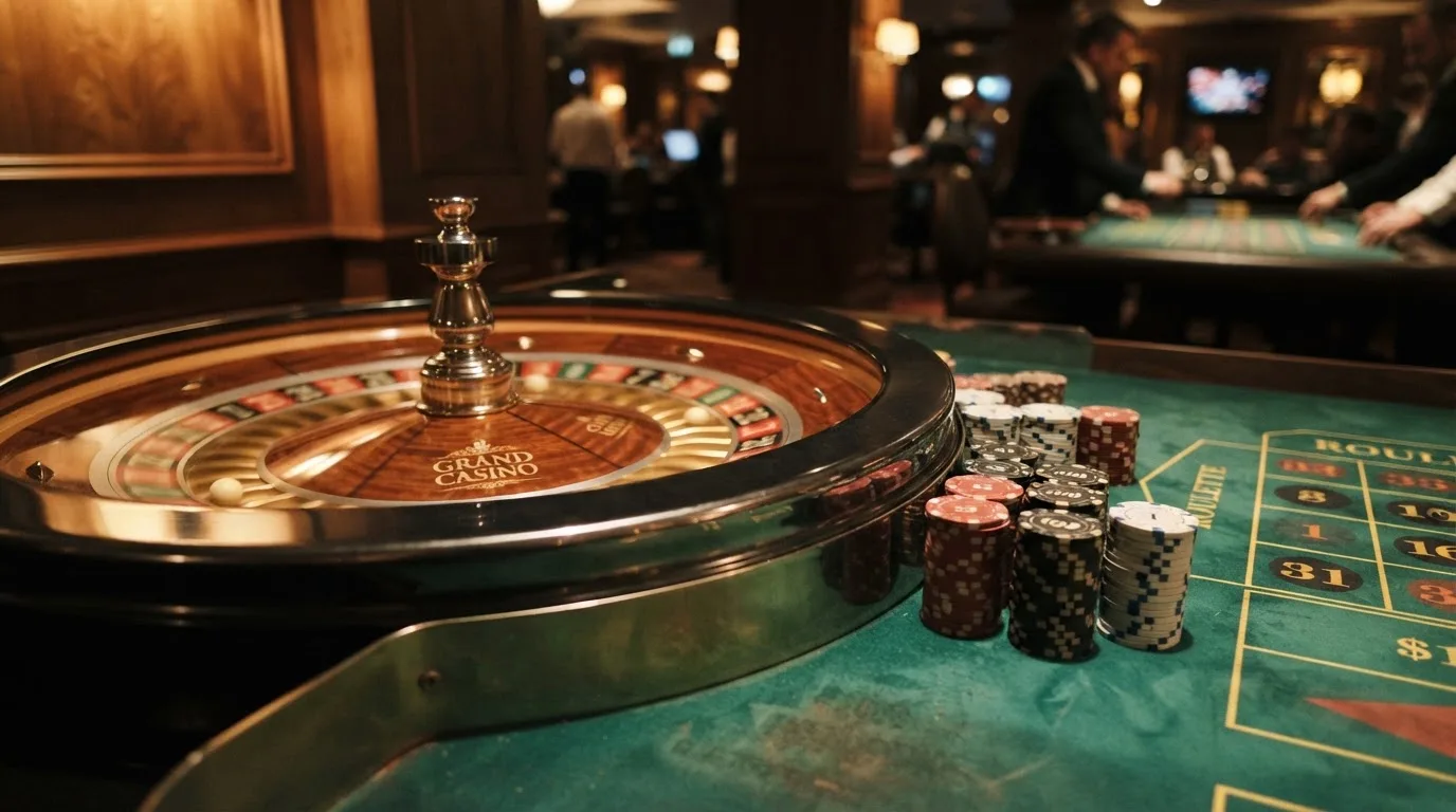 Roulettehjul och spelmarker på grön filt i varmt kvällsljus — casinon utan spelgräns i sverige