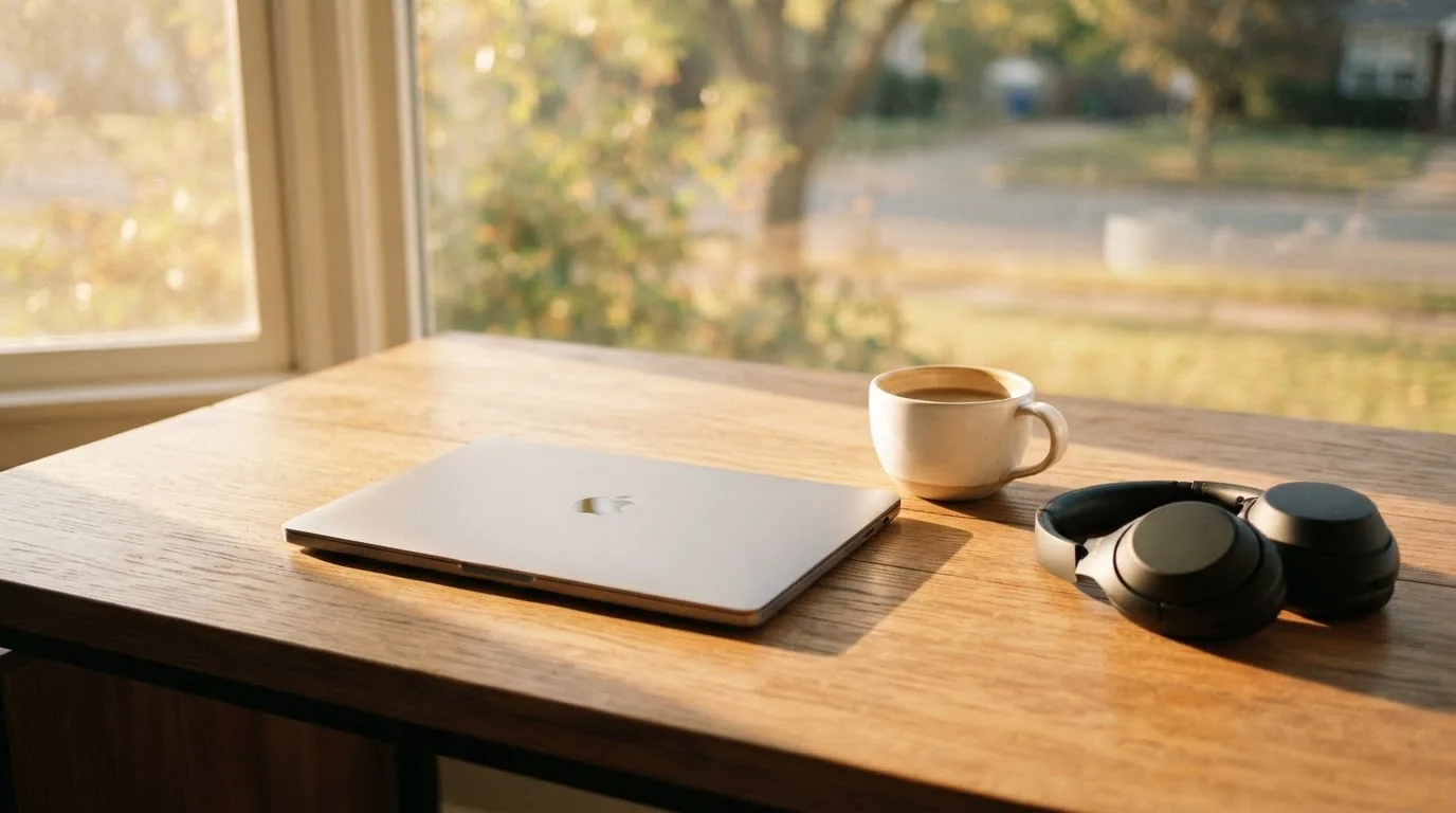 En bärbar dator med nedsläckt skärm står öppen på ett skrivbord tillsammans med en kopp kaffe och ett par hörlurar i morgonljus.