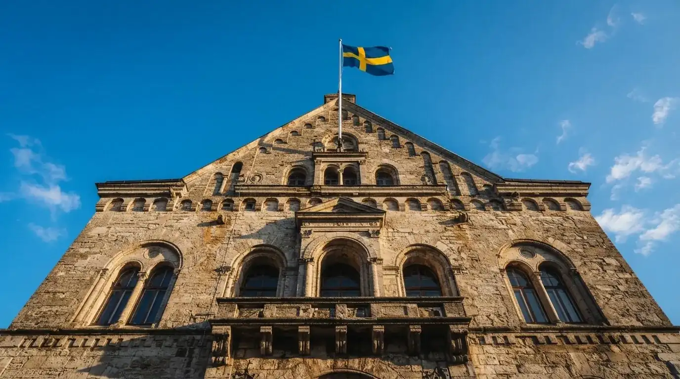 Ett gammalt stadshus i sten fotograferat underifrån mot en klarblå himmel, med den svenska flaggan som fladdrar ovanför entrén.