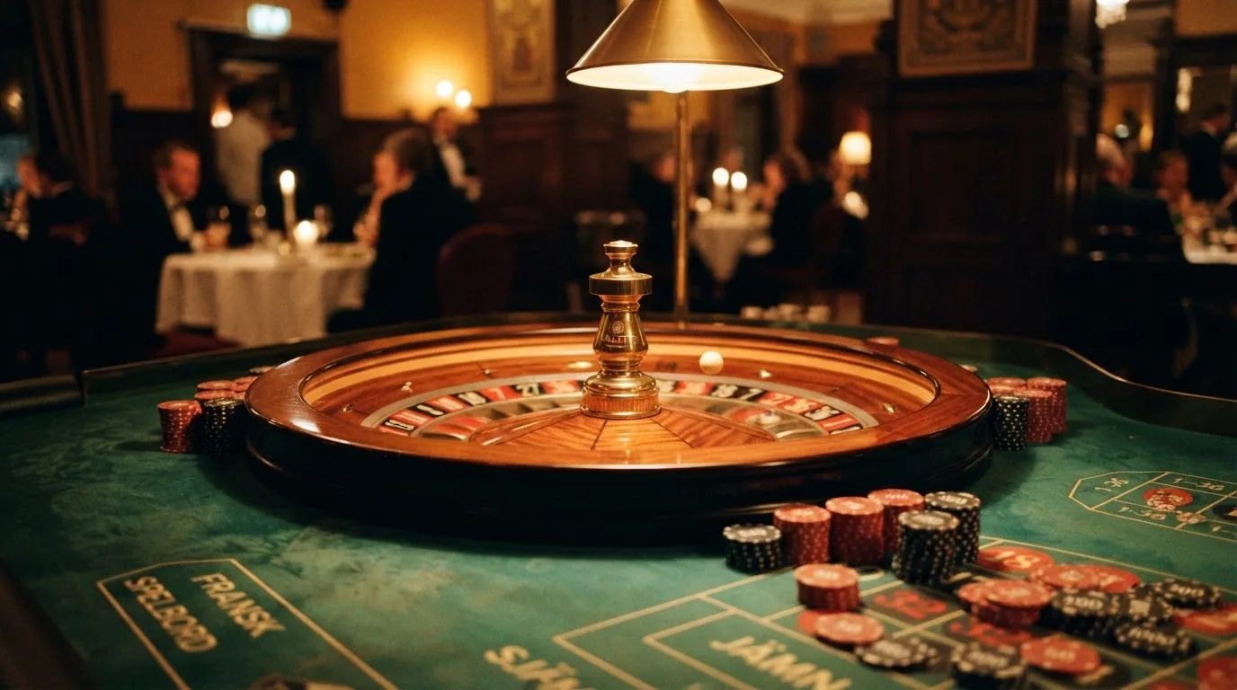 Roulettehjul och spelmarker på grön filt i varmt kvällsljus — svenska casinon med bitcoin
