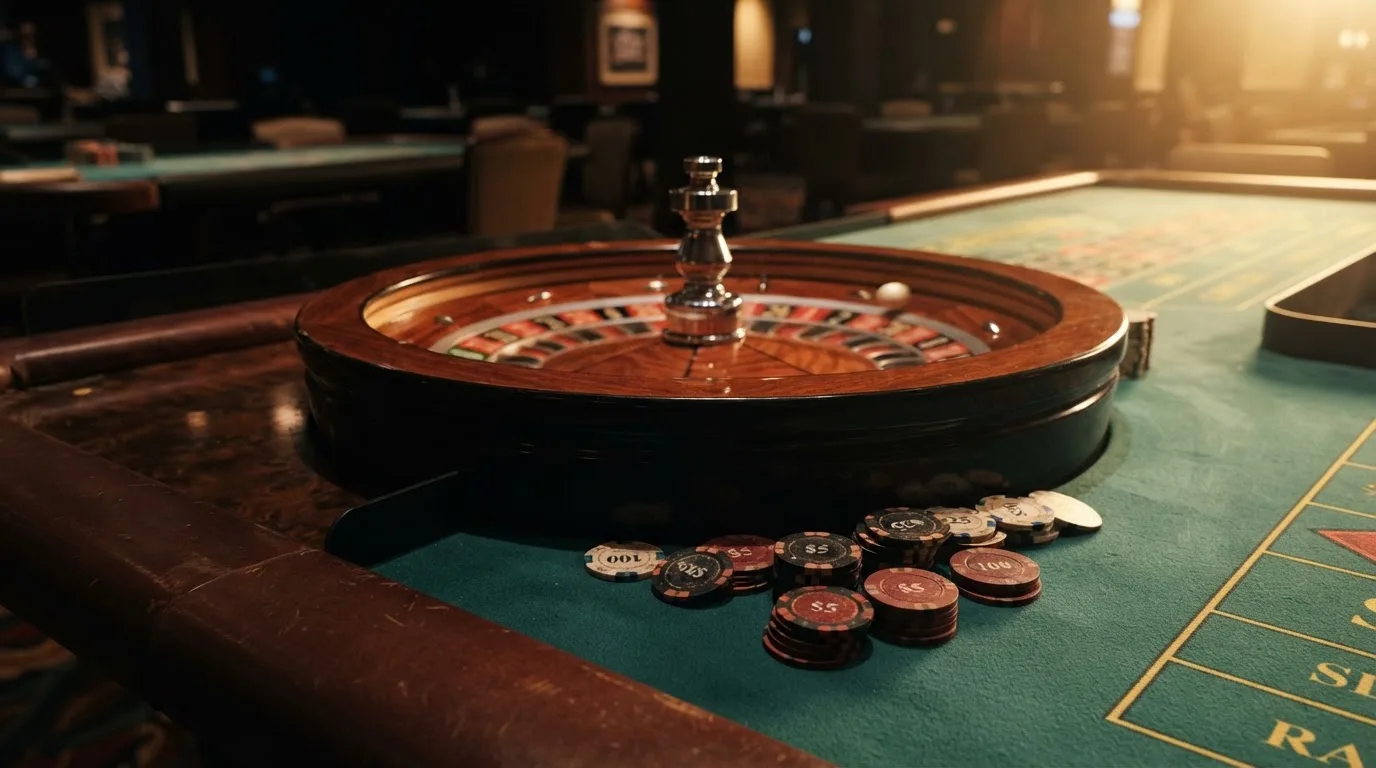 Roulettehjul och spelmarker på grön filt i varmt kvällsljus — svenska casinon med dogecoin