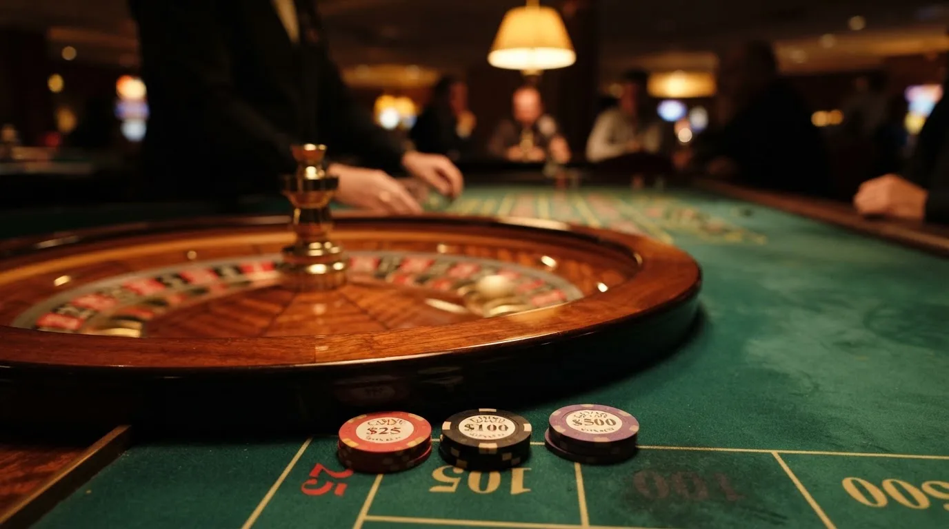 Roulettehjul och spelmarker på grön filt i varmt kvällsljus — svenska casinon på android